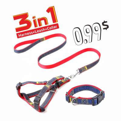 No Pull  Easy Walk Outdoor Vest Denim 3 pieces  pet supplies collar  Dog harness and leash